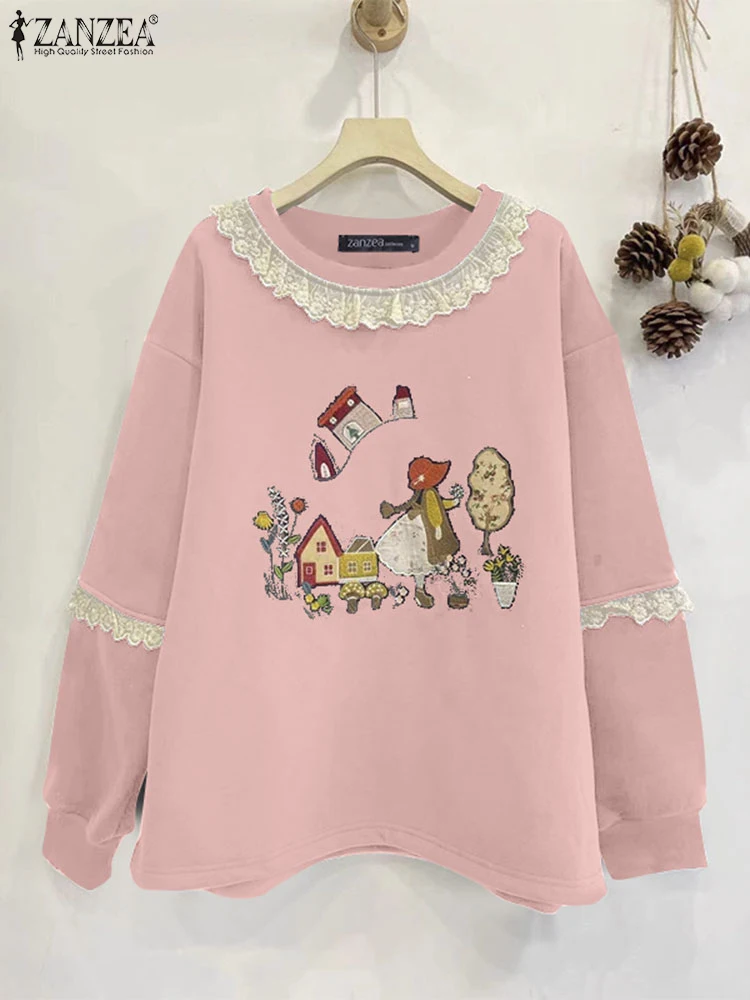 Sweety Cartoon Printing Loose Hoodies ZANZEA Women Long Sleeve Sweatshirts Casual Round Neck Knitted Tops Elegant Lace-up Jumper