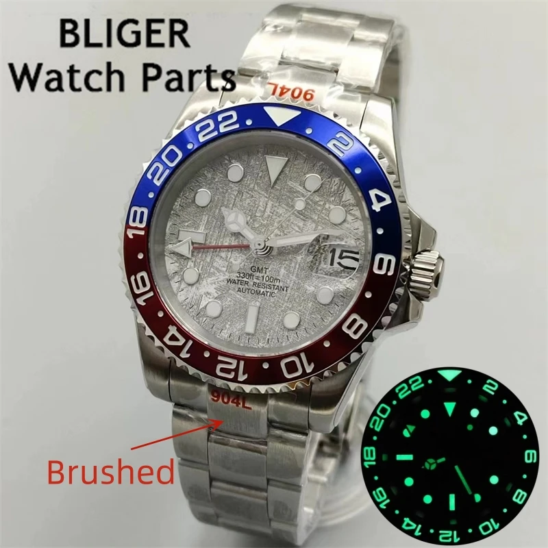 BLIGER 40mm NH34 Gray Meteorite Watches GMT For Men Blue Red Bezel With Green Luminous Sappire Glass Oyster/Jubilee Bracelet Dat