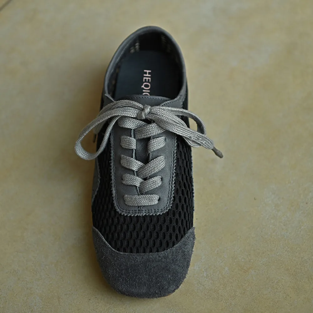 Women Dark Gray Genuine Leather Sneakers Mesh Suede Patchwork Lace‑Up Flat Retro Training Shoes view 2
