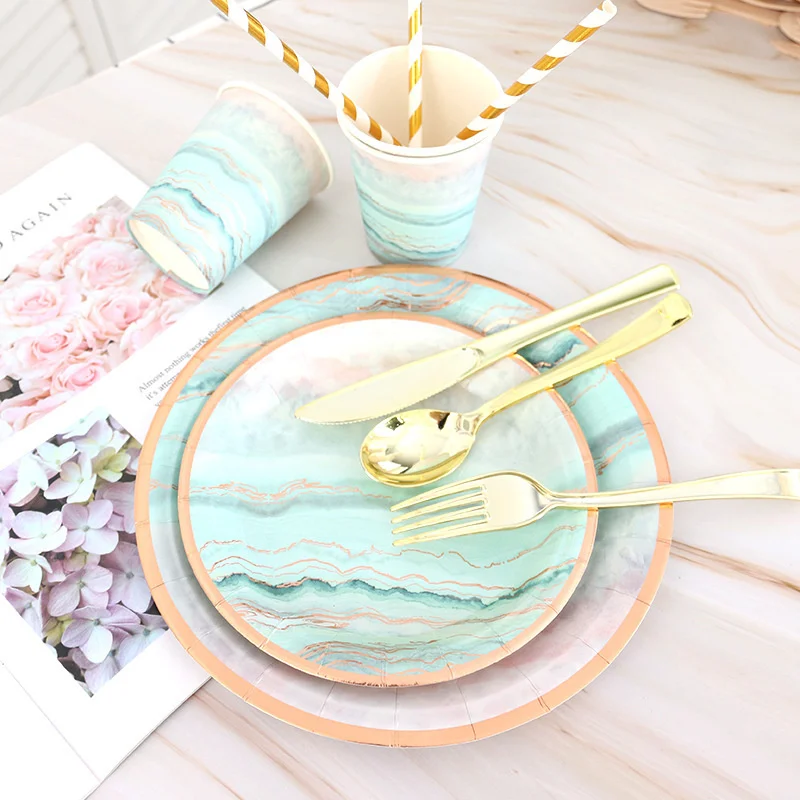 Disposable tableware paper plate paper cup straw knife fork spoon rose gold 7 inch disc birthday party supplies cake plate