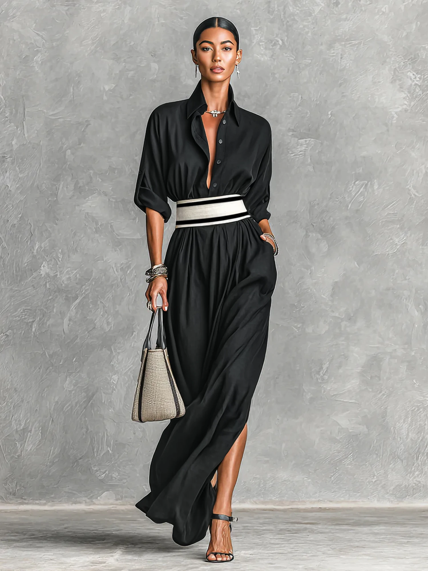 Damen-Hemdkleid mit breitem Streifengürtel | Roll-Up-Ärmel, hoher Schlitz, elegantes, lässiges, formelles Outfit