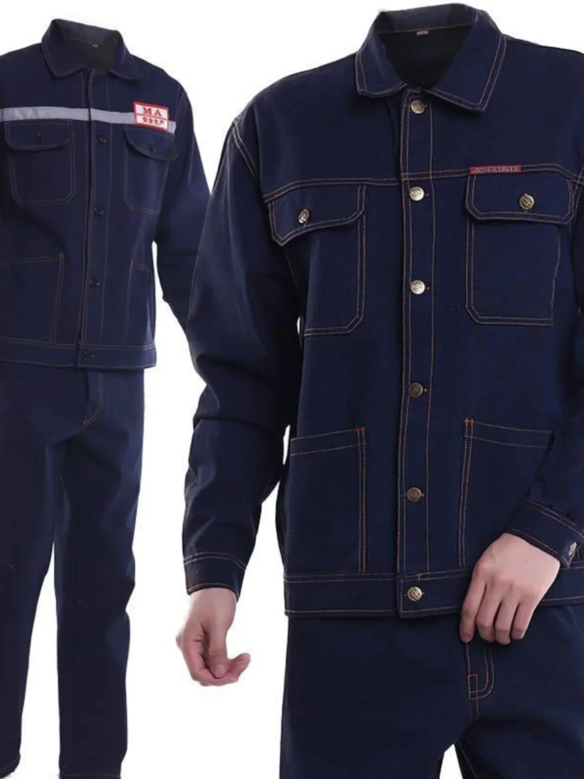 

Комплект рабочей одежды из денима для сварщиков: защита от ожогов, светоотражающие полосы, износостойкие длинные брюки, повседневная рабочая одежда для угольных шахт