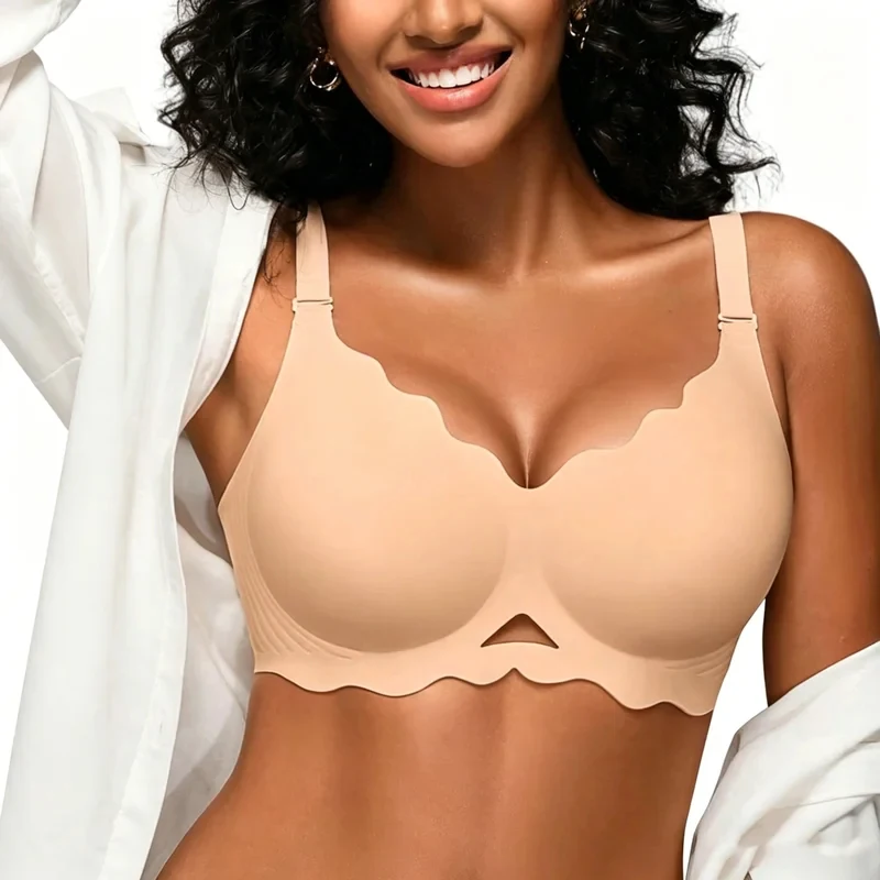 Women's Seamless Wire-free Bra with Deep V-neck Wavy Design Soft and Supportive Jelly-like Texture Full Cup Bra Plus Up