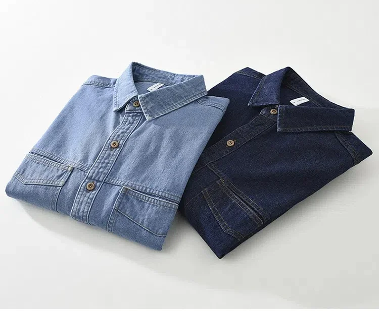 

2025 New Denim Shirt Men American Vintage Jean Shirts Male Lapel 100% Cotton Casual Shirts with Double Pockets Fashion Clothing