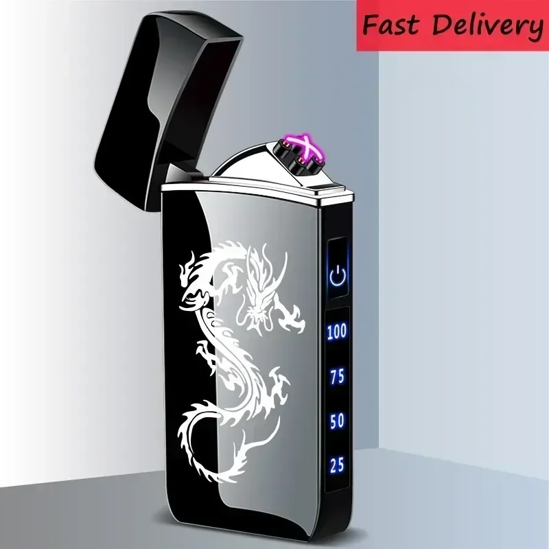 Touch Sensing Metal Electric Outdoor Windproof Lighter Dual Arc Flameless Plasma USB Rechargeable Lighters Digital Power Display