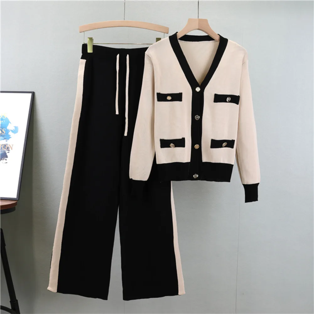 Women Autumn Casual New Slim Two Piece Set V-Neck Long Sleeve Knit Cardigan + High Waist Lace-up Wide Leg Pants Suits Outfits