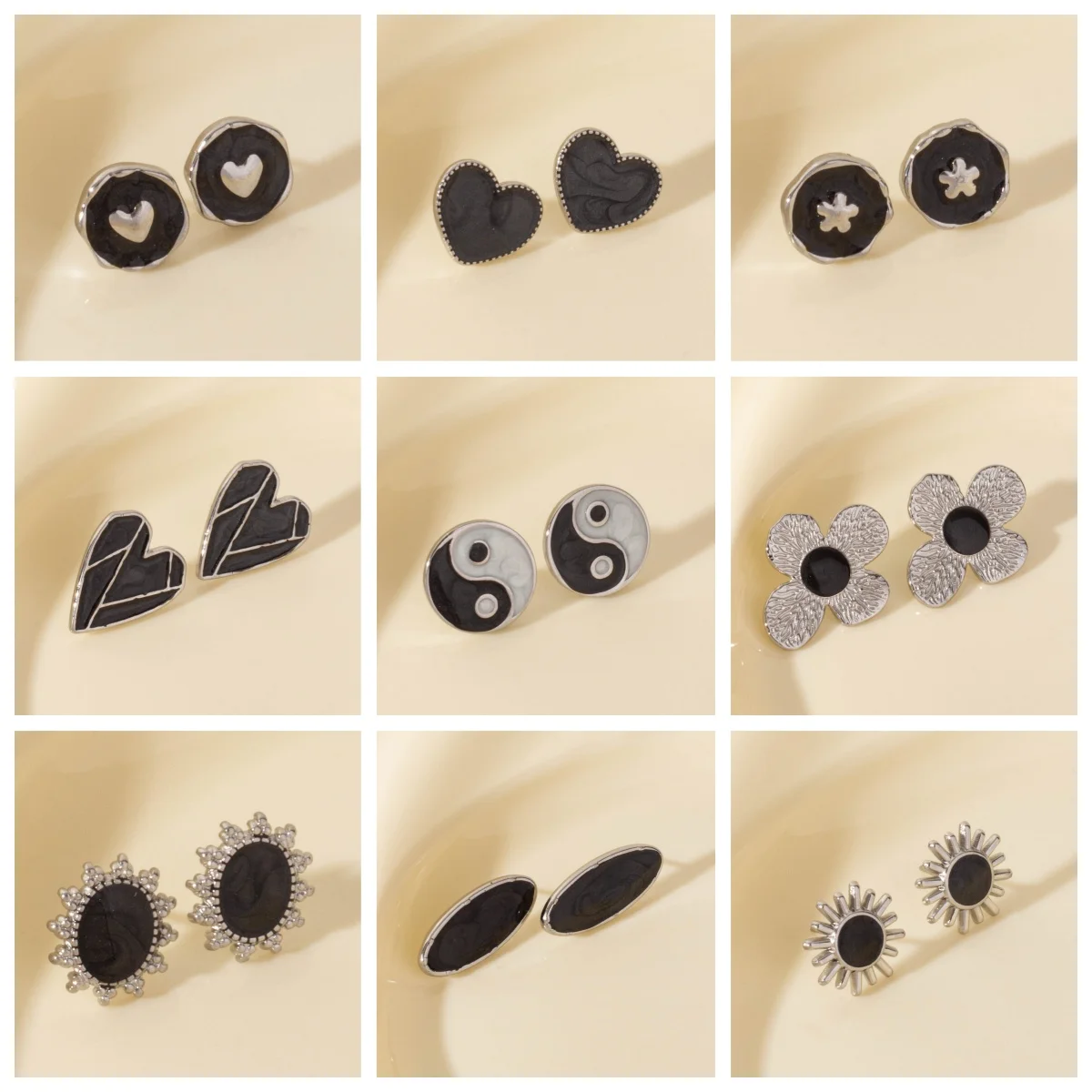 

4Pcs 2024 New No Fading Silver Color Stainless Steel Earring Tai Chi Symbol Belief Sun Oval Peach Heart Sense Of Design Earrings