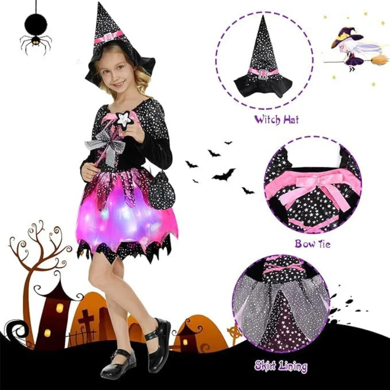 Baby Girls Halloween Witch Costume LED Light Children Cosplay Vampire Princess Dresses Kids Dress Up Clothes Carnival Party Gift