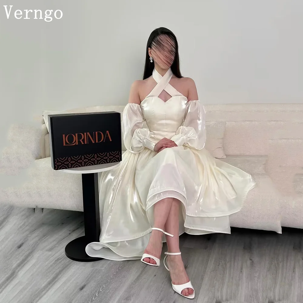 

Verngo lvory Shiny Satin Evening Dress Halter A Line Modest Ankle Length Prom Gowns Women Modern Party Dress Customized
