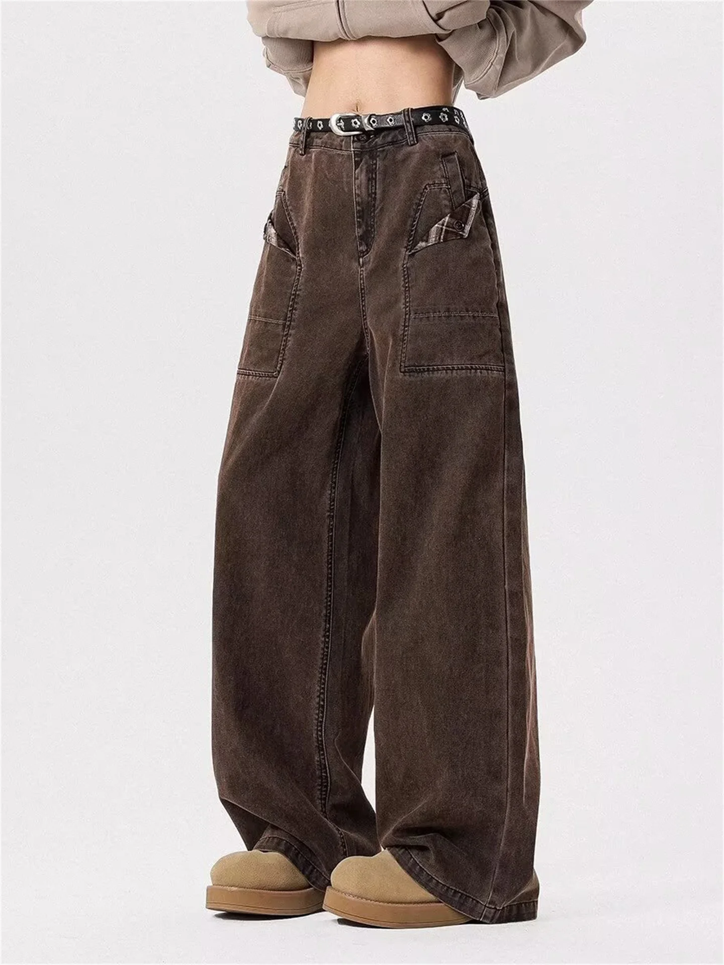 

Мужские джинсы прямого кроя в стиле ретро, коричневые, с эффектом потертости, Cleanfit, американские широкие повседневные брюки, молодежные модные рабочие джинсы из денима