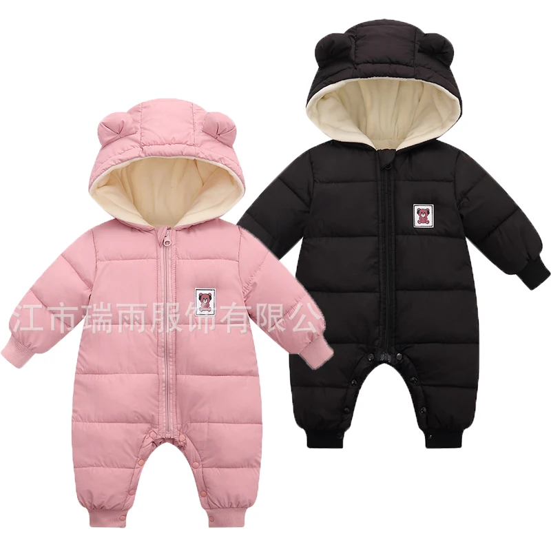 

Baby Boys Girls Bodysuit Autumn Winter Solid Color Lamb Fleece Lining Thick Warm Hooded Zipper Jumpsuits For 6M-2Y Kids Romper