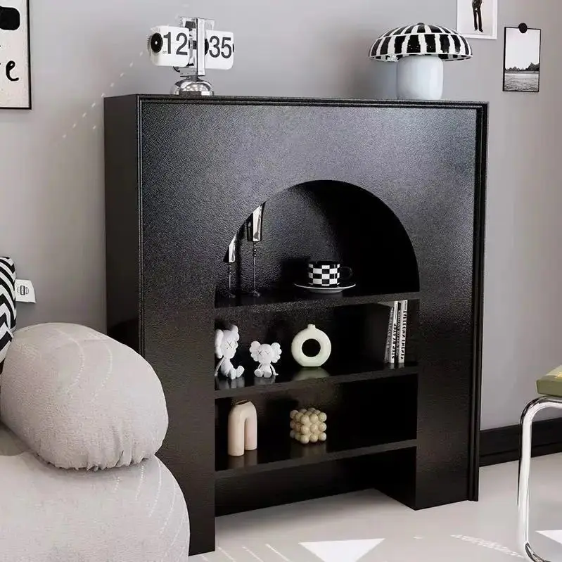 French decorative cabinets, indoor living room, black and white simple homestay, entrance photography shelves