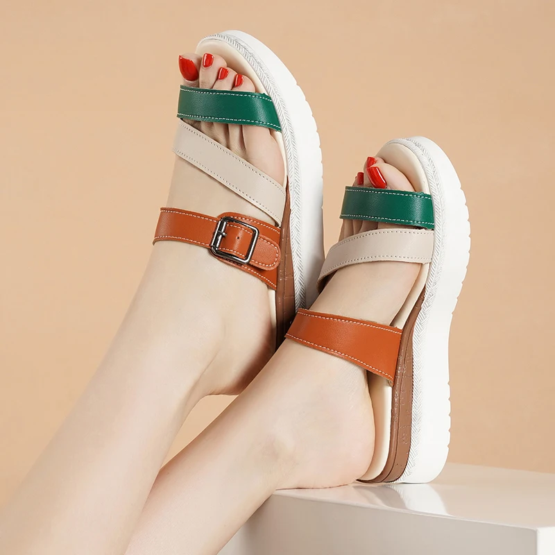 Colorful Upper Summer Women Platform Sandals Cross Strap Quality Buckle Strap Heel Height 4.0CM Ladies Slipper Shoes