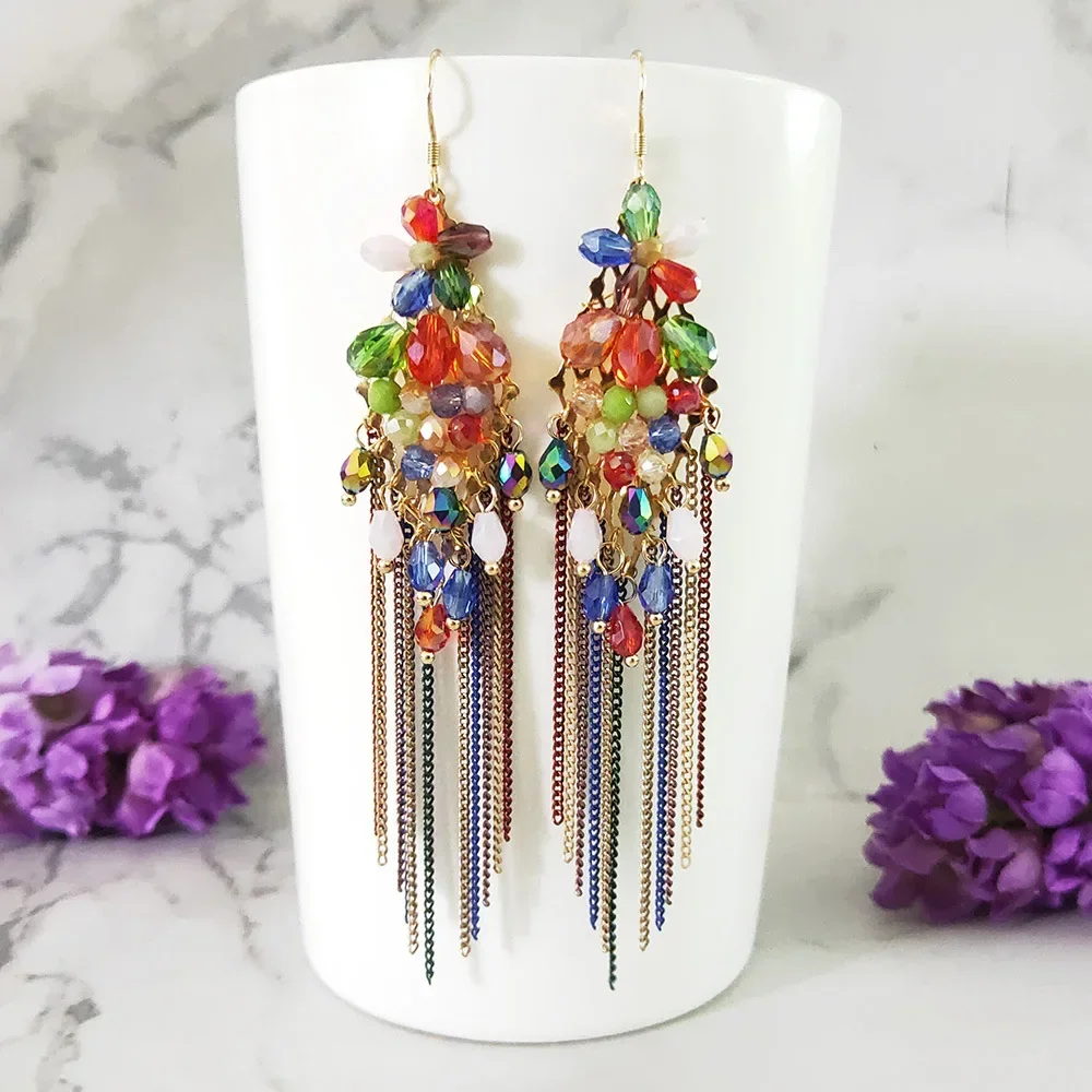 Luxury Flower Earring for Women Long Tassel Handwoven Colorful Beaded Earrings S925 Silver Needle Jewelry Gift