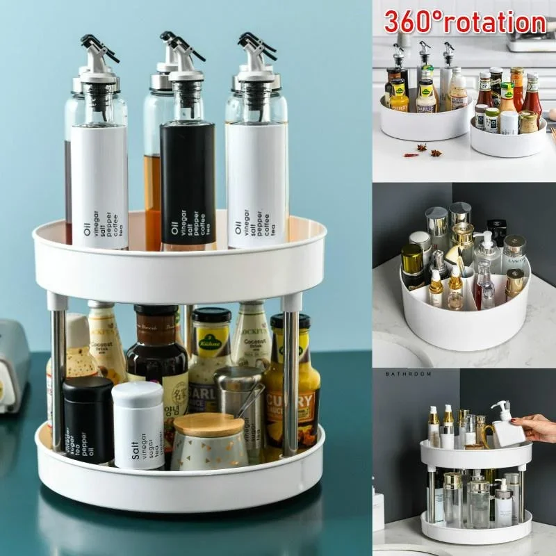 Rotable Seasoning Storages Rack Spice Can Tray Cosmetics Organizer Racks Living Room Space Saving Household Kitchen Storage Tool