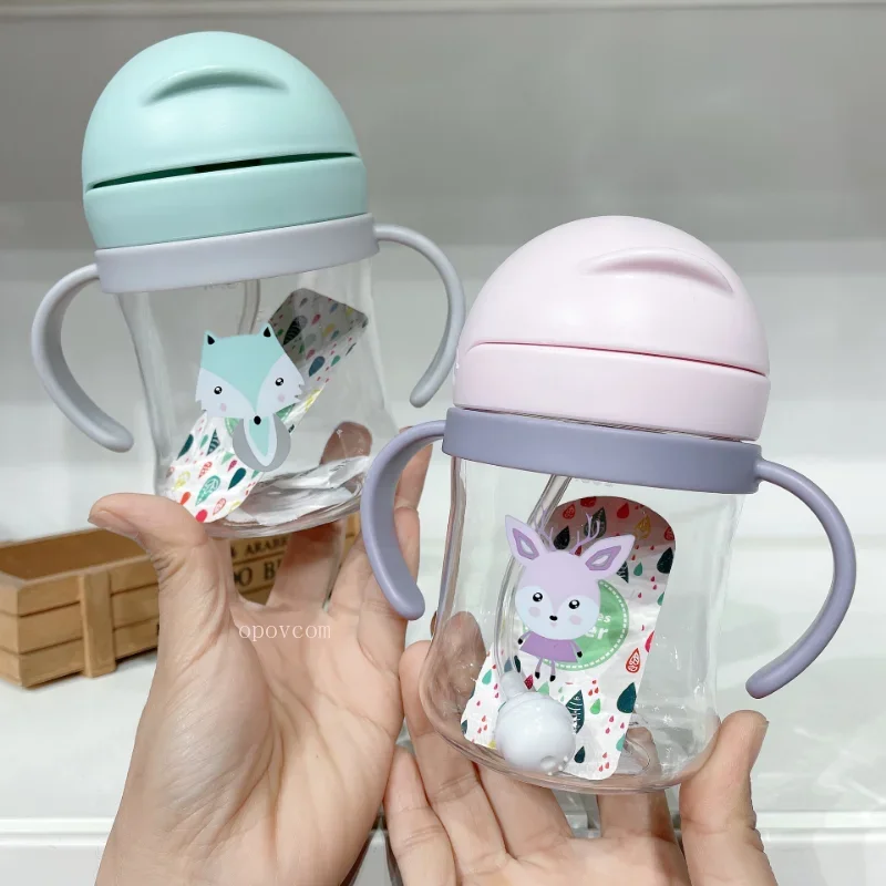 250ml New Cartoon Animal Baby Kids Water Sippy Cup Double Handle Drinking Water Bottle Gravity Ball Straw Baby Children\'s Cups