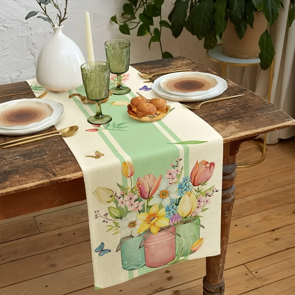 Spring Butterfly Table Runner Colorful Vase Floral Dresser Scarves Tablecloth for Home Kitchen Dining Holiday Party Decoration