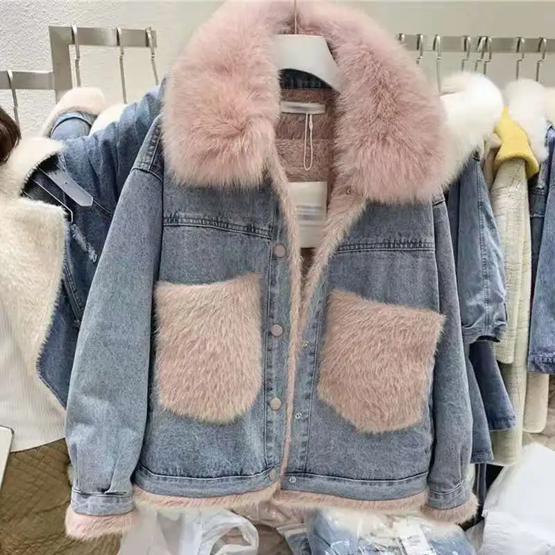 Short Thicken Denim Jacket for Women 2025 Autumn Winter Detachable Imitation Fox Fur Zipper Denim Coat Female Warm Tops Wh125