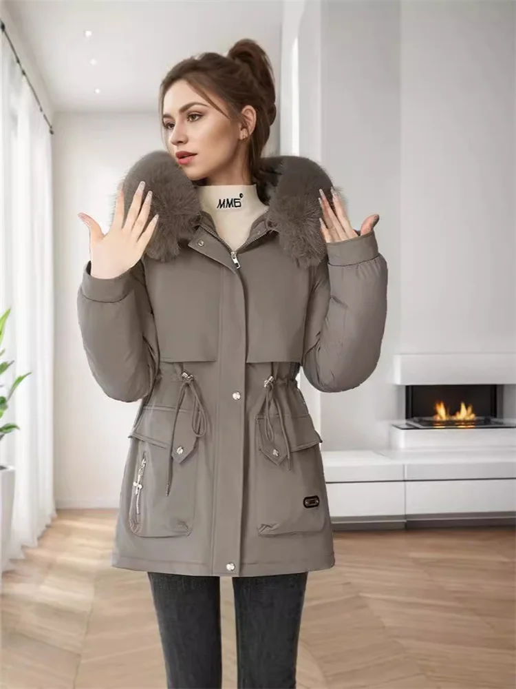 Woman Parka Winter Jacket 2024 New Design Fur Collar Waist Drawstring Warm Thick Zipper Snow Wear Coat Woman Winter Clothes