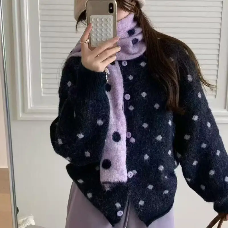 Koreanisches Polka-Dot-Strickset mit Pullover und Schal, Zweiteiliges Set, Strickjacke für Damen, Lässiger Weicher Baumwoll-Strickpullover, Grobstrick-Pullover