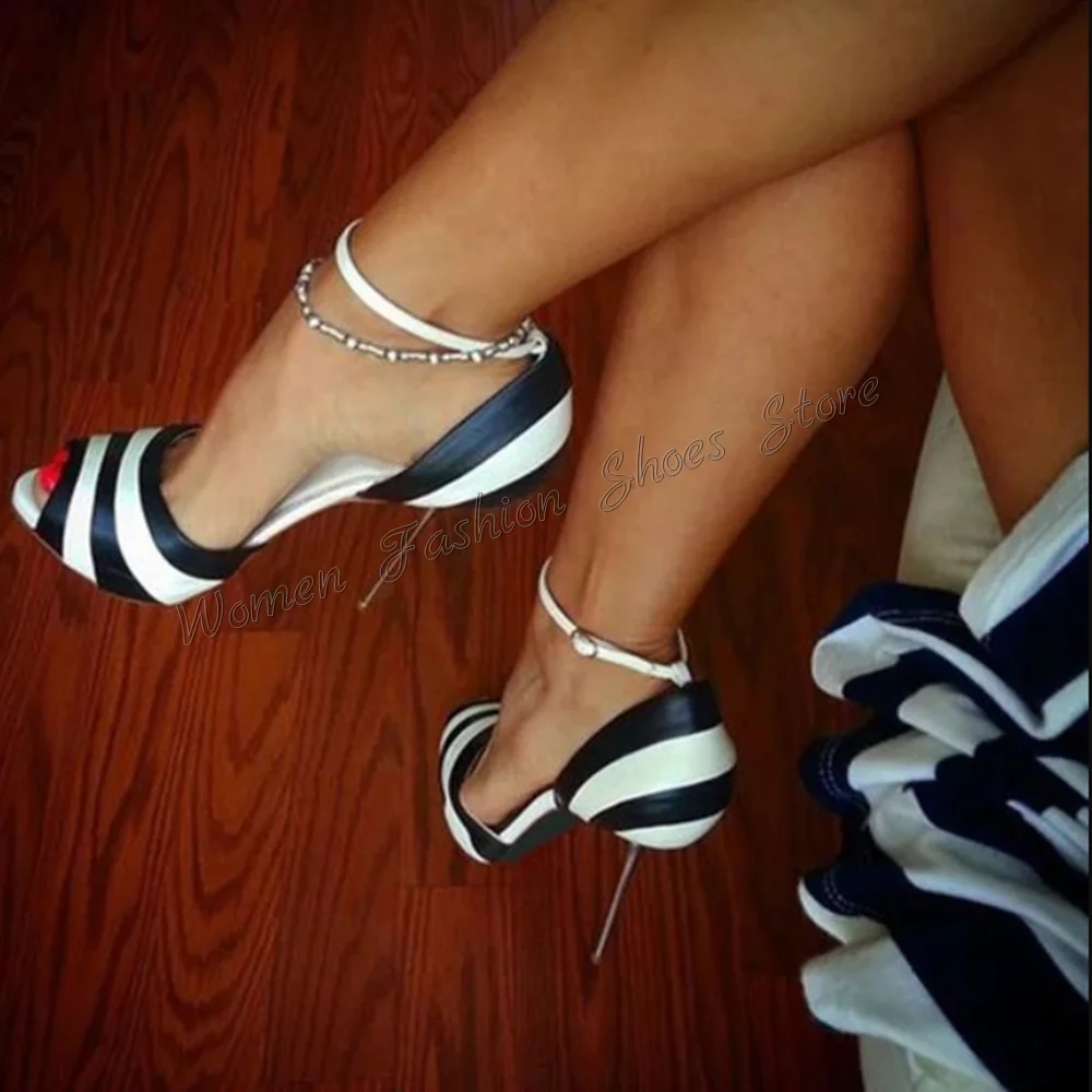 

Black And White Stripes Pumps Peep Toe Thin High Heels Ankle Buckle High Heel Shoes for Women Heels 2024 New Zapatos Para Mujere