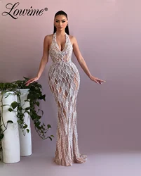 2024 Halter Prom Dresses Pearl Crystals Mermaid Evening Gowns Wedding Party Second Reception Birthday Engagement Dress Vestidos