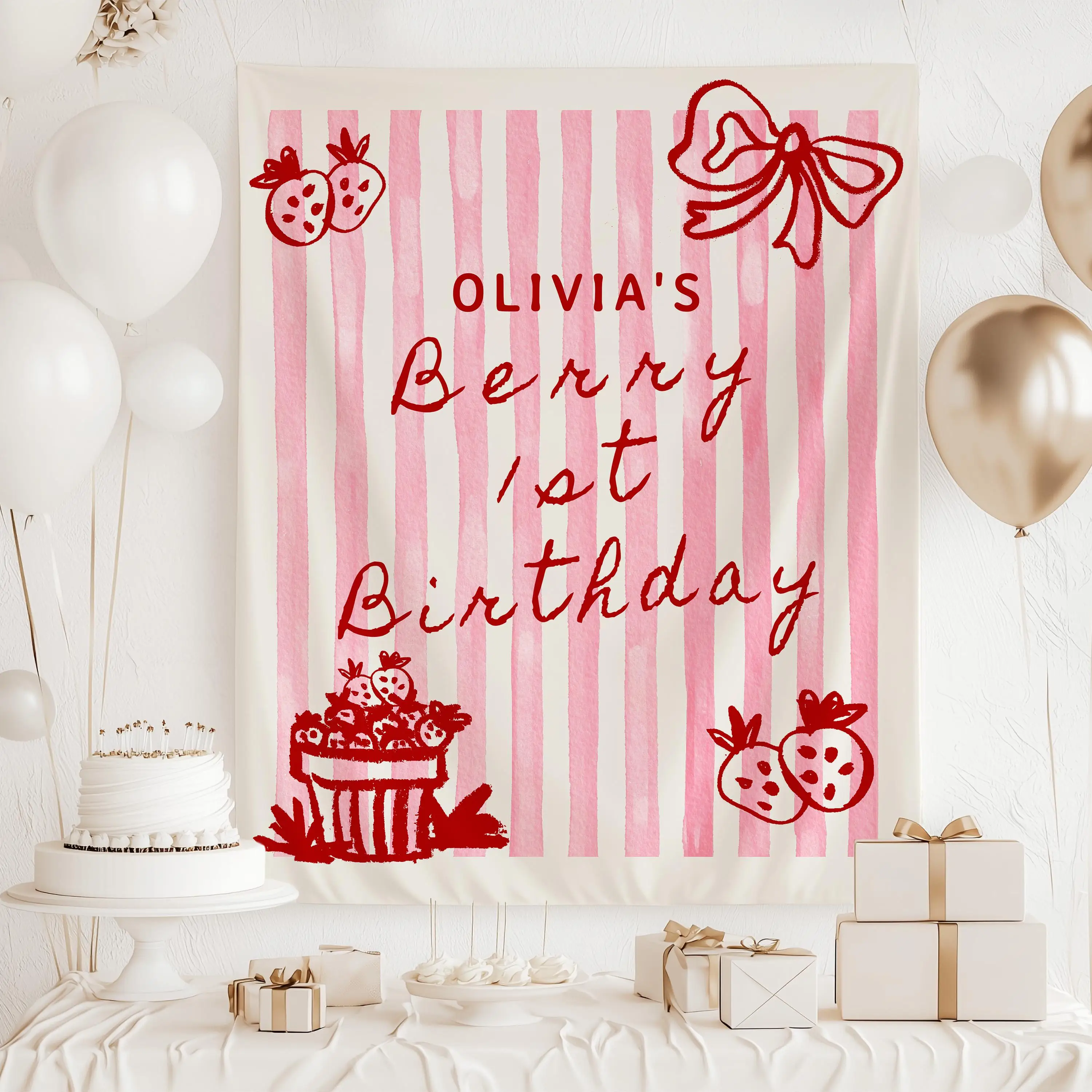 Personalized Berry 1st Birthday Backdrop, Strawberry Party Fabric Flag Banner, First Birthday Decor S857