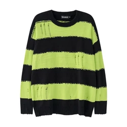 Harajuku Striped Colorblock Sweaters Hip Hop Destroyed Ripped Knitwears Men Hole Knitted Jumpers for Women Baggy Pullovers