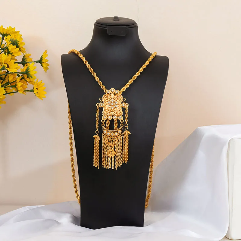 Fatima Store Algeria Bridal Chain Necklace With Rhine stone  Arabic Gold Color Luxury  Slit Accessories Tassels Pendant Jewelry