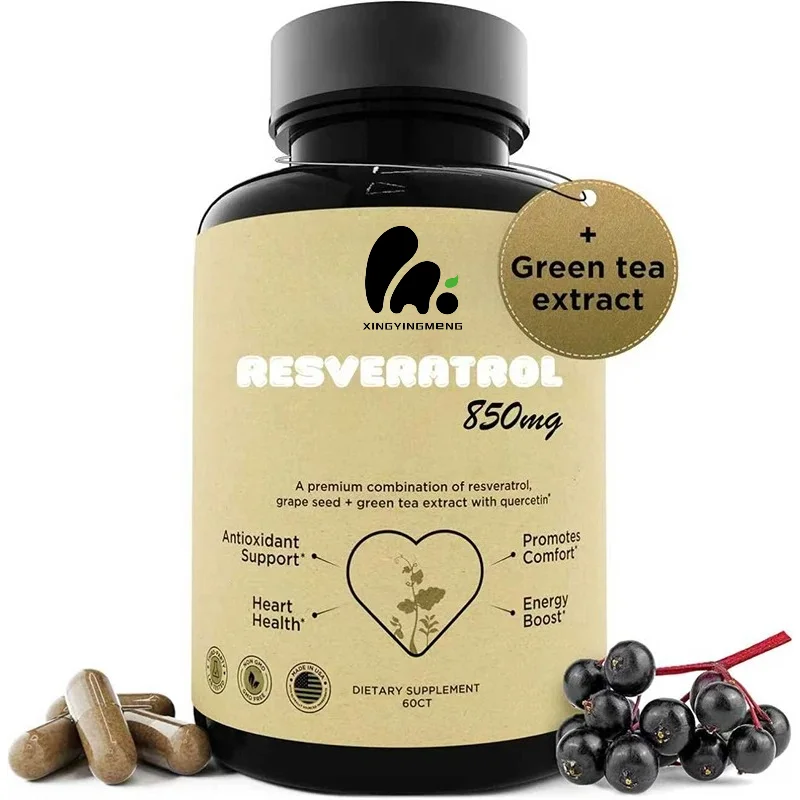 Resveratrol Supplement Containing Quercetin and Grape Seeds, 850mg Herbal Mixture, Suitable for Overall Health,60 Vegan Capsules