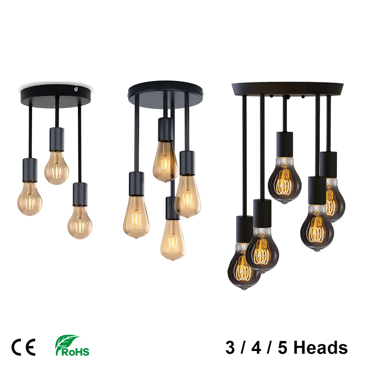 5-Light Ceiling Light Vintage Black Industrial Ceiling Light E26 E27 LED Retro Ceiling Lighting for Dining Room Kitchen Living R