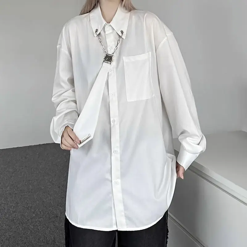 Harajuku Baggy Tie Long Sleeve Shirt for Women Spring Autumn Vintage Preppy Style Tops Fashion Clothing Black White Plus Size