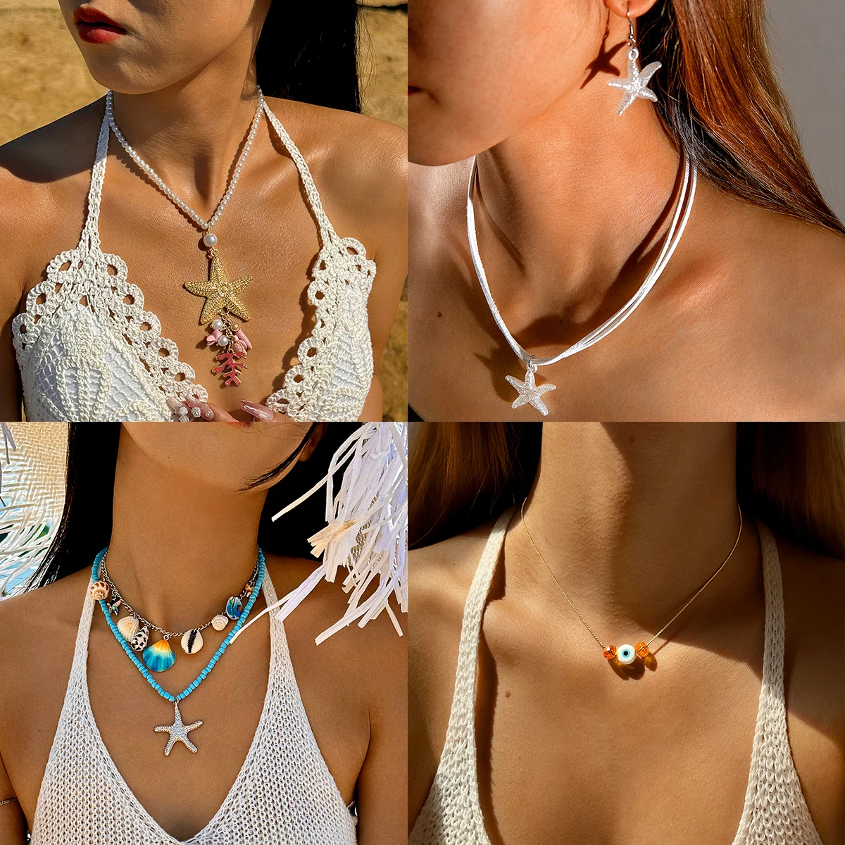 Docona Bohemian Beach Shell Starfish Pendant Necklace for Women Multi Layer Bead Eyes Jewelry Summer Holiday Gift Collar