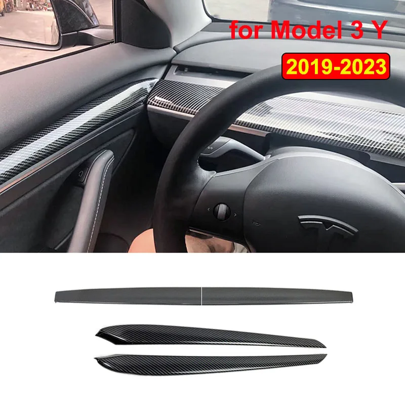 Für Tesla Model 3 Y 2019-2023 Armaturenbrett Türverkleidung Mittelkonsole Verkleidung Aufkleber ABS Abdeckung Carbonfaser Dekor Autozubehör