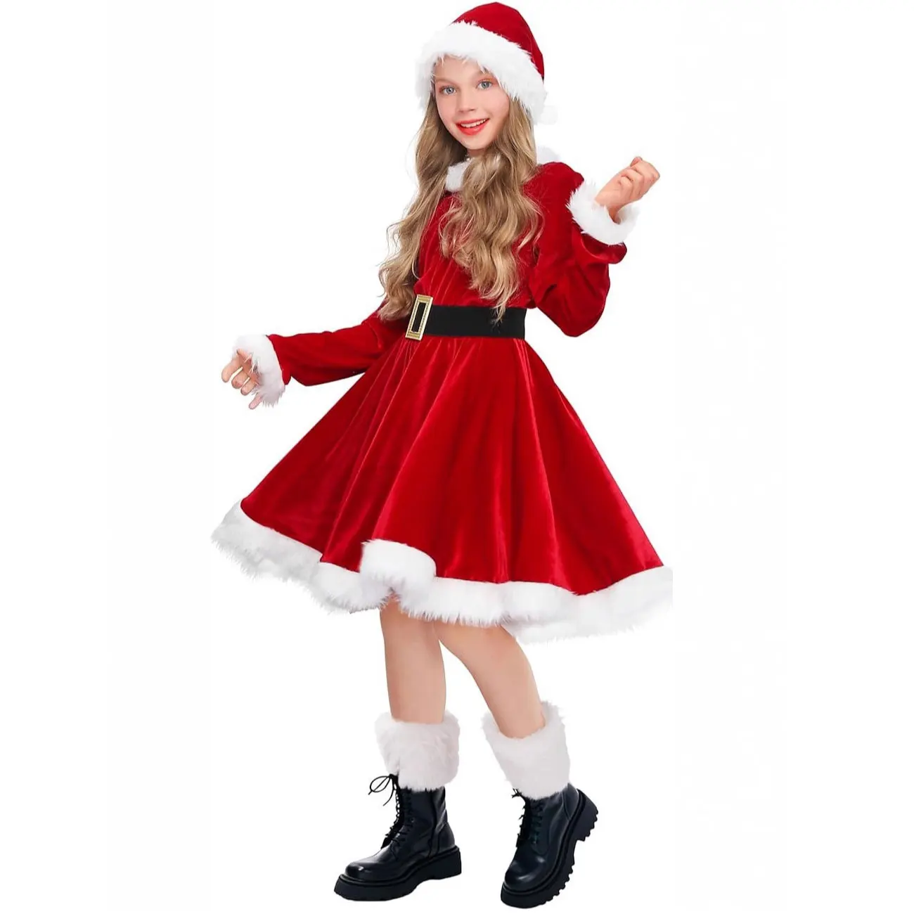 2025 السنة الجديدة عيد الميلاد عطلة حفلة حمراء طويلة الأكمام سانتا نفس النمط فتاة تأثيري سانتا كلوز كرنفال فستان + مجموعة الإكسسوارات #4