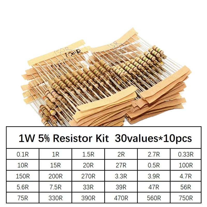 300pcs Resistor Kit 1W 5% 30values X 10pcs Carbon Film Resistance 0.1-750 ohm Set