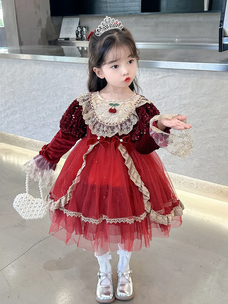 

Пышная юбка-миди для девочек с пайетками и флисовой подкладкой, в стиле Лолита, бальное платье принцессы, зимнее, с длинными рукавами