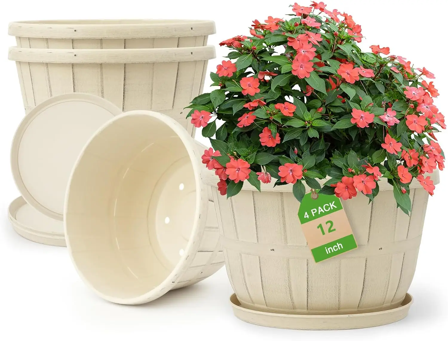 

12 Inch Large Planter Pot for Plants Indoor Outdoor, 4 Pack Plastic Flower Pots with Drainage Hole & Tray, Modern Decorat