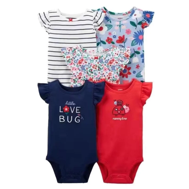 New Cartoon Baby Boys Girl Bodysuits 5Pcs Short Sleeve Stripe 100% Cotton Baby Clothes Newborn Body Bebe Jumpsuit Clothing 6-24M