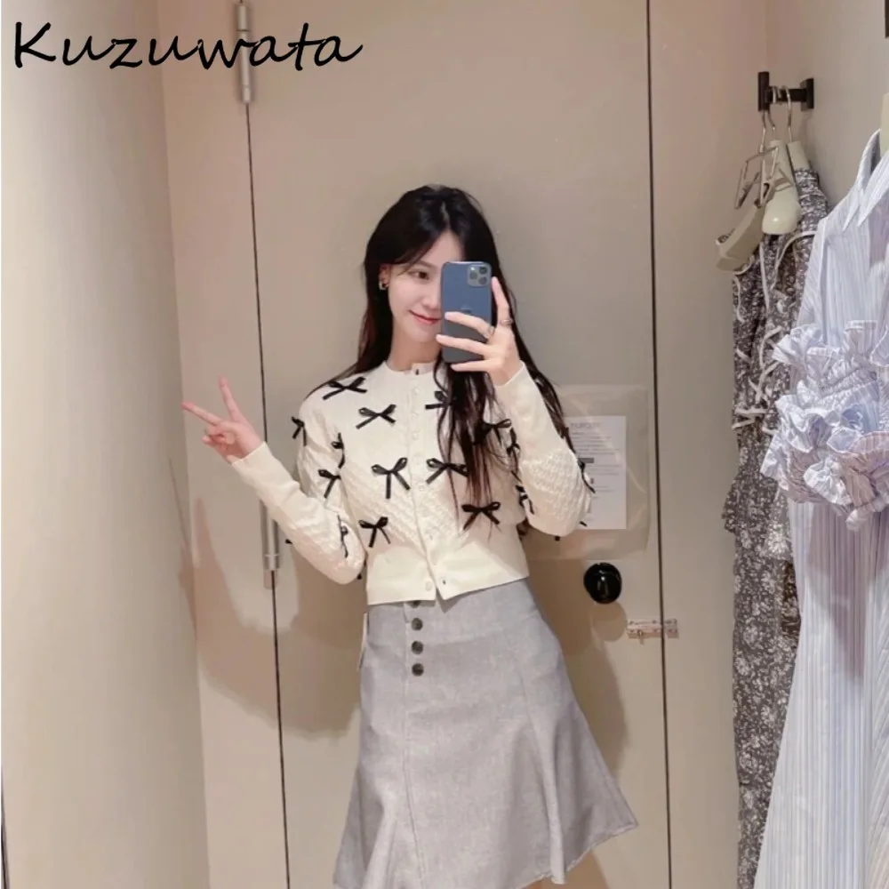 Kuzuwata New O Neck Long Sleeve Sweet Elegant Jumper Single Breasted Bow Casual Cardigan Japan Temperament Fresh Knit Sweaters