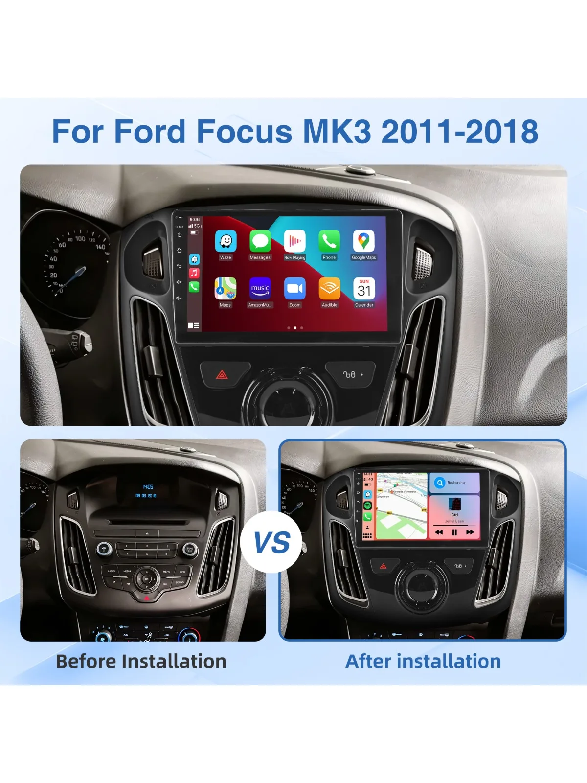 MOPECT 9" autoradio met 4+64GB voor Ford Focus MK3 2011-2018 Android 15 Carplay GPS BT/AM/FM touchscreen +DAB&camera - afbeelding 2