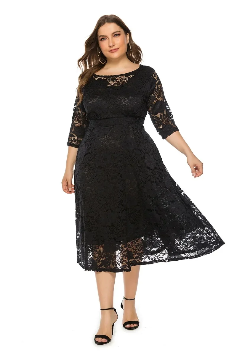 2023 O-neck Women Dress Plus Size Midi Dress XL-6XL Elegant Embroidery Lace 3/4 Sleeve Lady Evening Dress Female Clothing