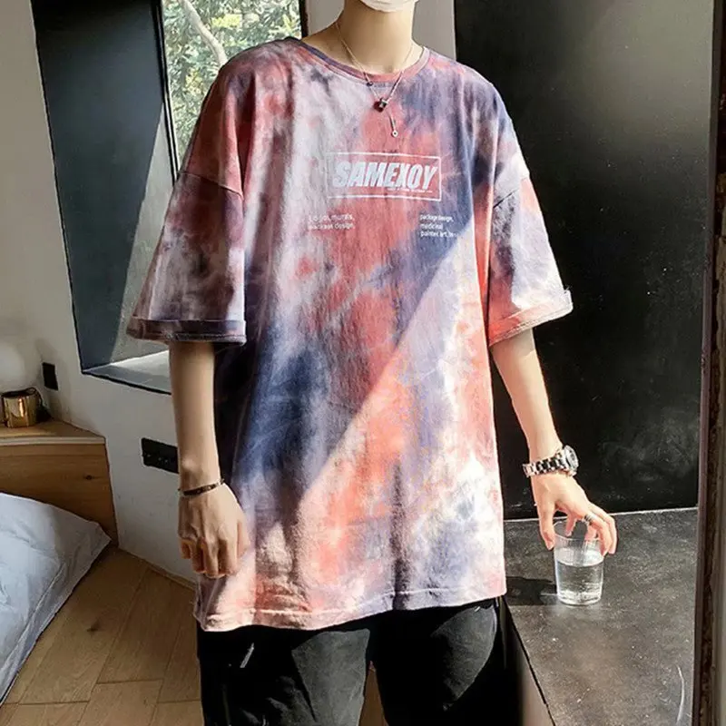 Hong Kong style T-shirt version trend summer tie-dyed top hip-hop loose five-point sleeve teenager seven-point ins short sleeve