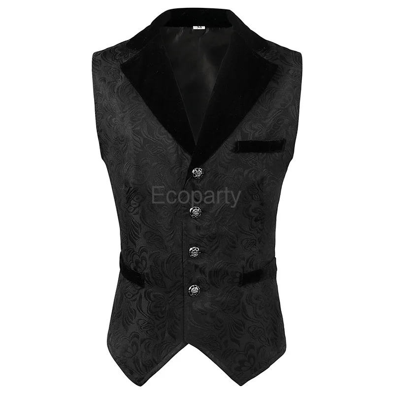 New Men\'s Medieval Vintage Jacquard Vest Steampunk Gothic Waistcoat Blac Single Breasted Renaissance Costume Male