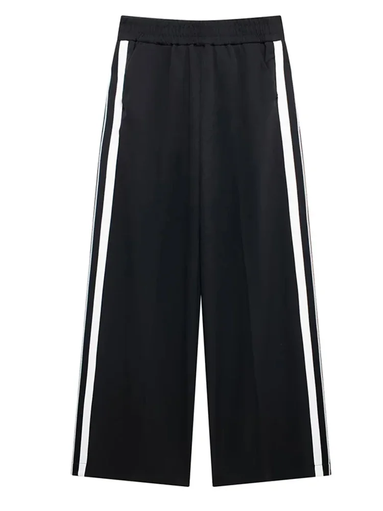 HH 2024 Women Stripe Top Trousers Sports Suits Female Long Sleeves Zip Lapel Coat+High Waist Wide Leg Pants Two-piece Set