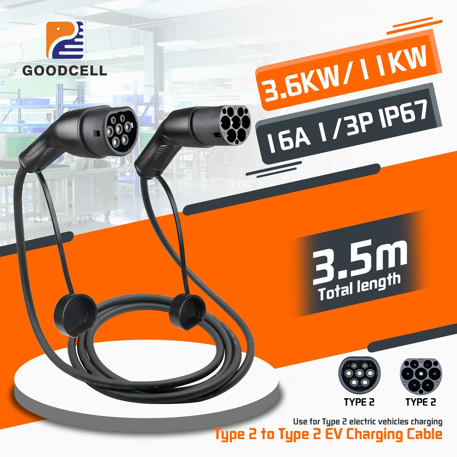 

GOODCELL EV Charging Cable Type2 to Type2 Female to Male Plug 16A 1P/3P 3.5M Electric Vehicle Cord for Public Charger Station