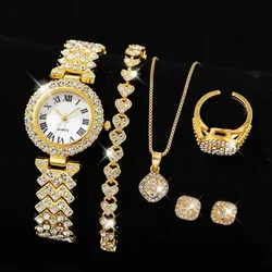 5PCS Set Luxury Watch Women Necklace Earrings Rhinestone Fashion Wristwatch Female Casual Ladies Watches Bracelet Clock