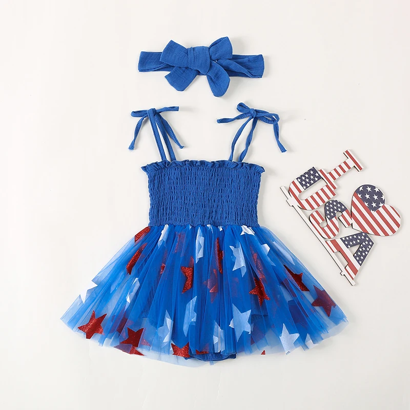 4th of July Baby Girls Rompers Dress Tie-Up Spaghetti Strap Star Pattern Mesh Skirt Hem Bodysuits Summer Clothes with Headband