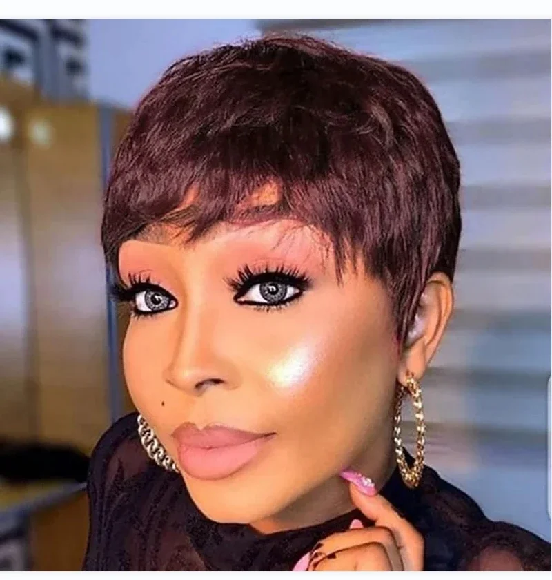 Short Brown Human Hair Pixie Cut Wig for Women