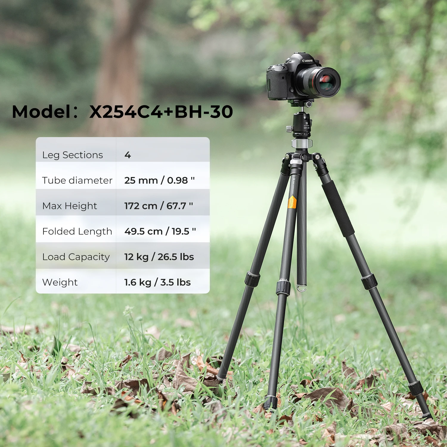 K&F Concept 68\'\'/1.7m Carbon Fiber Tripod with 12KG/26.2lbs Ball Head For Nikon Canon Sony DSLR Camera Tripod Stand X254C4+BH-30